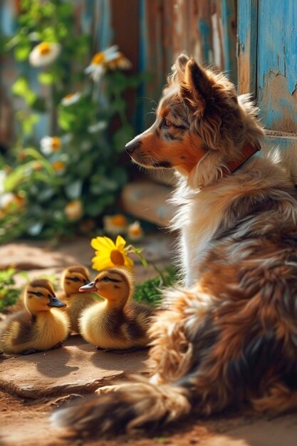 Cão com patinhos no quintal Foco seletivo