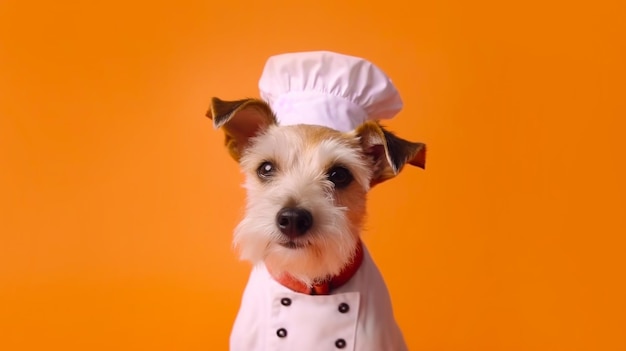 Cão com um chapéu de chef em um fundo laranja