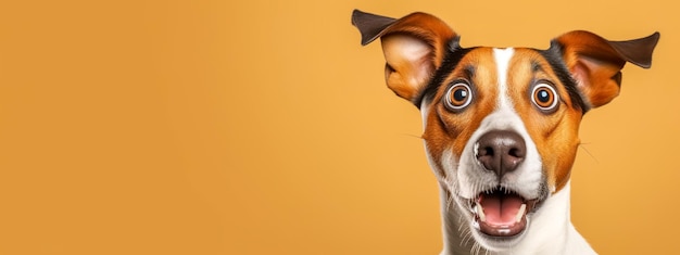 Foto cão com uma expressão facial surpresa exibindo olhos largos e uma boca aberta contra uma cor sólida