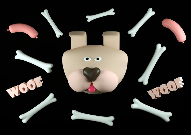 Foto cão com uma ilustração de renderização 3d de osso e salsicha