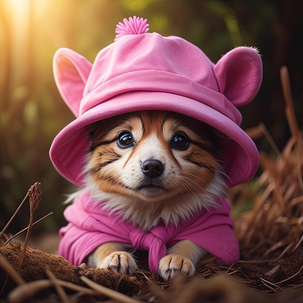 Cão corgi bonito com um chapéu rosa na natureza generativa ai