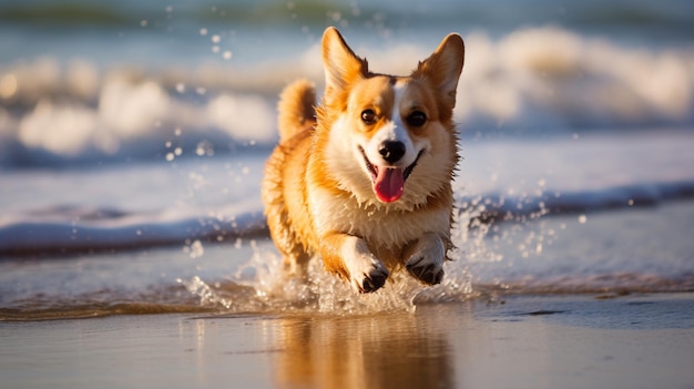 Cão corgi bonito correndo na praia de mar papel de parede AI Arte gerada