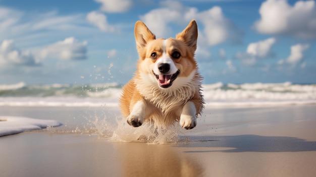 Cão corgi bonito correndo na praia de mar papel de parede AI Arte gerada