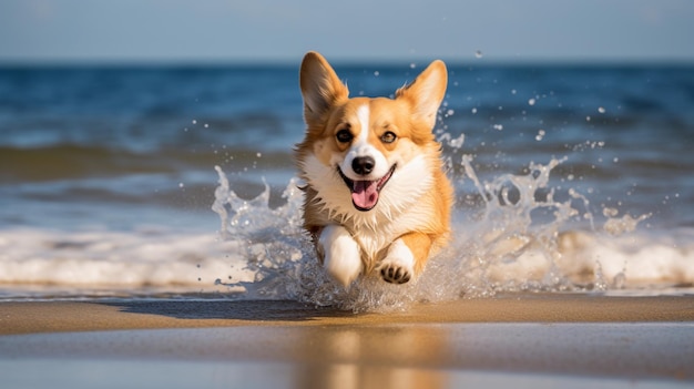 Cão corgi bonito correndo na praia de mar papel de parede AI Arte gerada