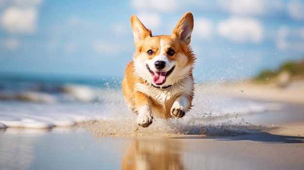 Cão corgi bonito correndo na praia de mar papel de parede AI Arte gerada