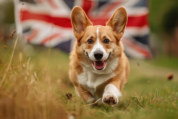 Cão Corgi correndo na grama com a bandeira britânica em fundo