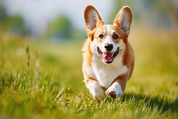 Cão Corgi correndo no campo