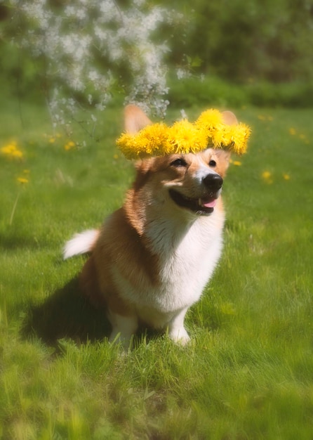 Cão corgi de gengibre com uma coroa de dentes de leão em um jardim de verão na fazenda