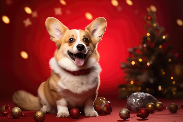 Foto cão corgi de natal vestindo chapéu de papai noel em fundo de feriado vermelho brilhante