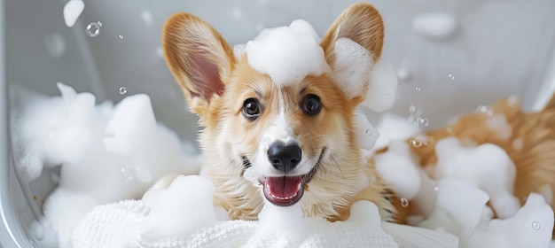 Foto cão corgi desfrutando de um banho espumoso em uma banheira como um evento doméstico