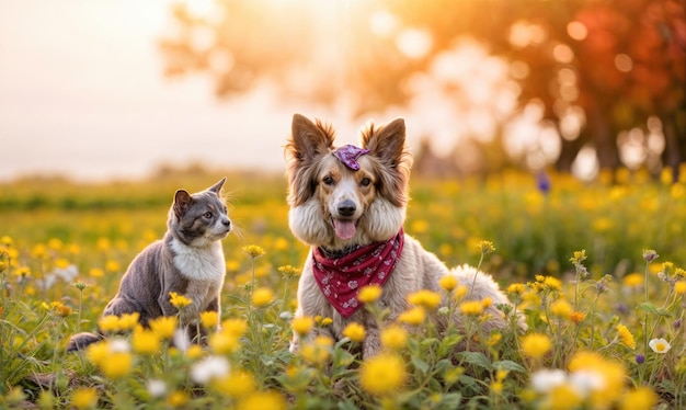 Cão Corgi e Gato Tabby Desfrutam do Prado de Primavera