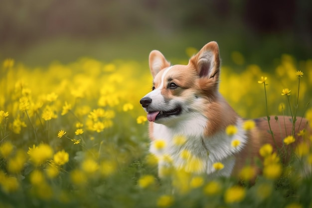 Cão Corgi em um campo de flores amarelas