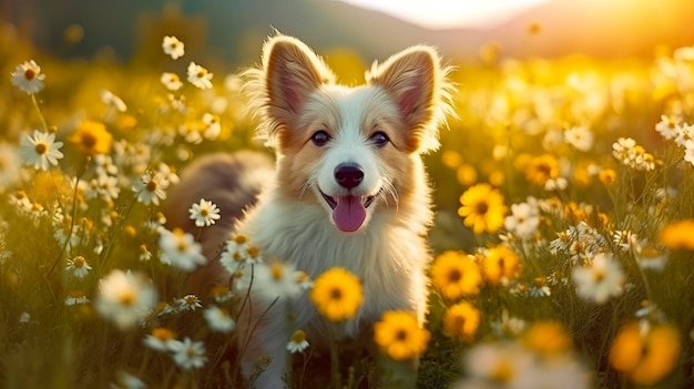 Cão corgi encantador com flores na primavera IA generativa