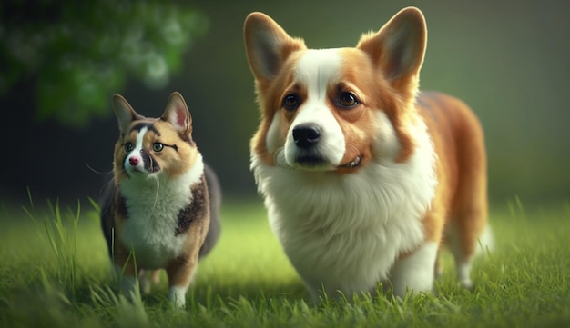 Cão corgi engraçado e um gato caminha na grama verde Generative AI