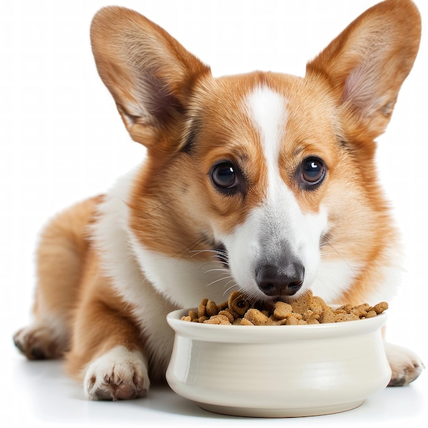 Foto cão corgi galês comendo comida de cão em uma tigela em fundo branco