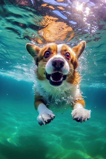 Cão corgi galês nadando debaixo d'água