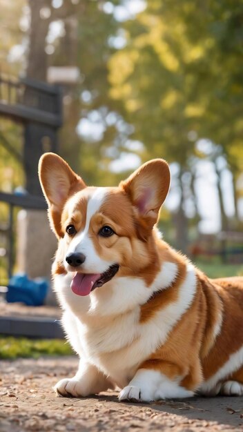 Cão corgi galês sendo acariciado pelo dono do lado de fora em um parque corgi de cor vermelha e branca