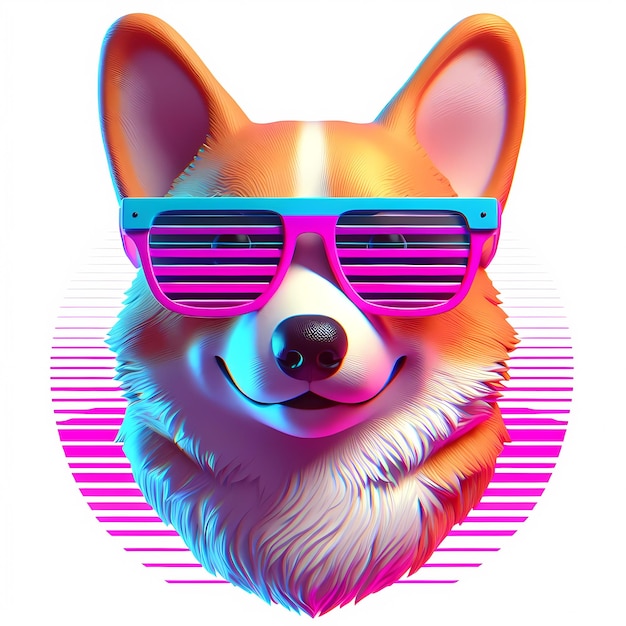 Cão Corgi sorridente com óculos de sol elegantes em estilo retrô de néon