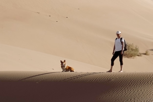 Foto cão corgi viajante um cão com seu dono em uma enorme duna no deserto quente