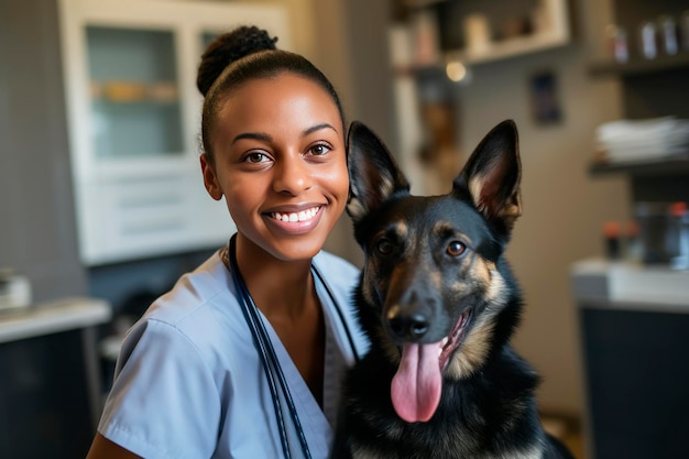 Cão da clínica veterinária em uma consulta com um veterinário Médico do gabinete abraçando um cão da raça pastor alemão