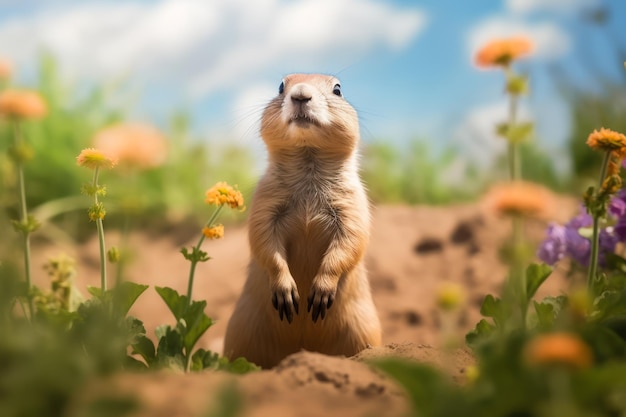 Cão da pradaria na vida selvagem Cão da pradaria fofo no campo de verão com flores