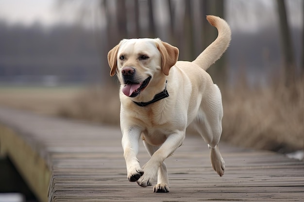 Cão da raça Labrador correndo feliz no campo Ai generative