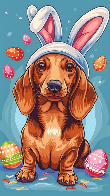 Foto cão dachshund bonito com orelhas de coelho de páscoa, cesta de doces e ovos, retrato de dachshund da páscoa