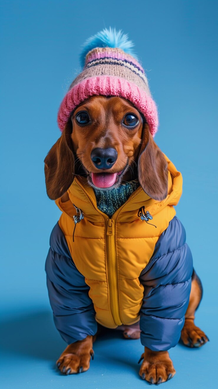 Foto cão dachshund em fundo azul