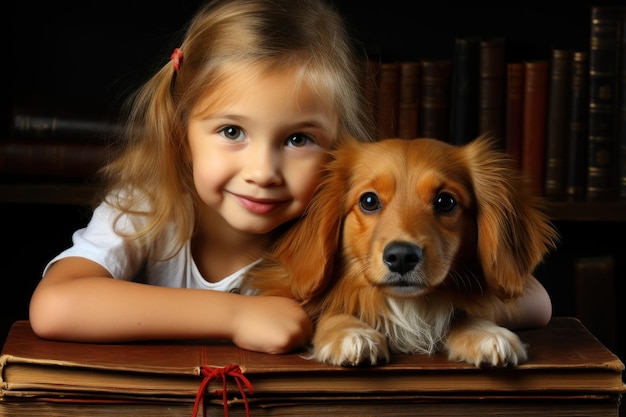 Cão dachshund feliz com uma menina dentro de uma casa gerada por IA