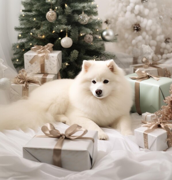 Cão de abeto sueco deitado em um cobertor enquanto cercado de presentes de Natal