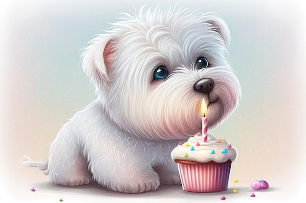 Cão de aniversário, um lindo cachorro branco gosta de um cupcake e uma vela