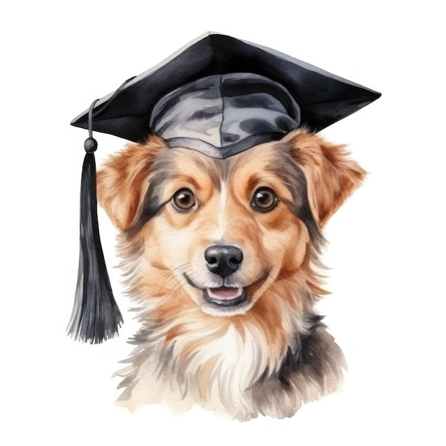 Cão de aquarela bonito em boné graduarion isolado