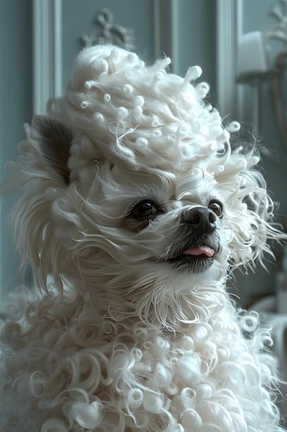 Cão de brinquedo com um caniche de peruca com cabelo branco cobrindo o focinho