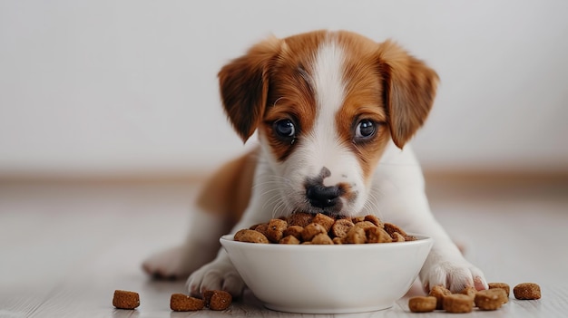 Cão de casa adorável sobre um cenário branco cachorro lanche nutritivo valorizado comida e espaço generativo ai