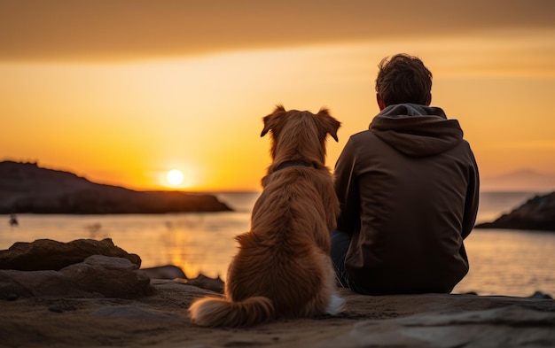 Cão de companhia e serenidade descansa a cabeça no colo do dono ao pôr do sol