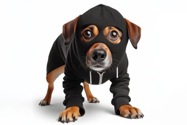 cão de corpo completo em uma máscara de ladrão preto com grandes olhos protuberantes isolados em um fundo branco