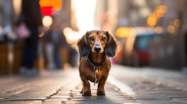 Cão de dachshund de pelo longo na calçada da cidade