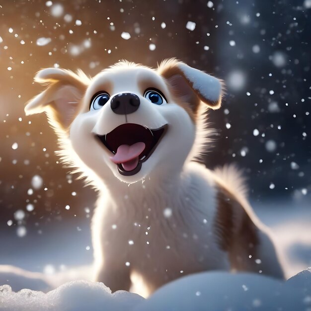 Cão de desenho animado 3D pega flocos de neve com a língua e ri
