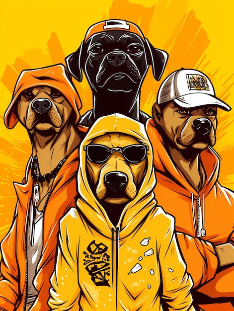 Foto cão de desenho animado amarelo e urso mascotes fundo amarelo no estilo de hip hop estética kingcore