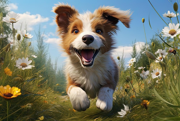 cão de desenho animado correndo através da grama com flores de lírio no fundo no estilo realista