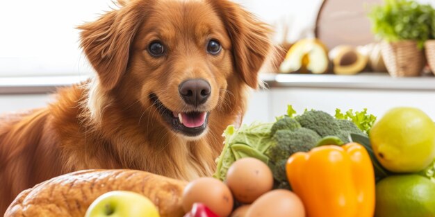 Cão de estimação bonito cercado por deliciosa comida saudável e saudável IA generativa