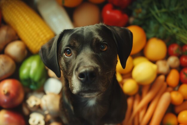 Cão de estimação bonito cercado por deliciosa comida saudável e saudável IA generativa