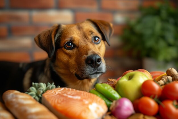 Cão de estimação bonito cercado por deliciosa comida saudável e saudável IA generativa