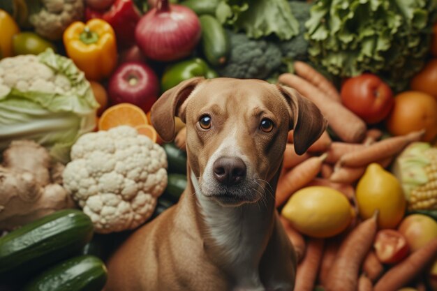 Cão de estimação bonito cercado por deliciosa comida saudável e saudável IA generativa