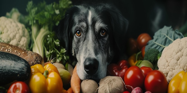 Cão de estimação bonito cercado por deliciosa comida saudável e saudável IA generativa