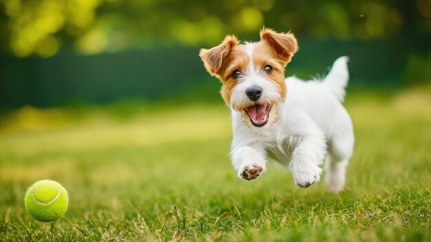Cão de estimação brincalhão feliz correndo na grama e brincando com uma bola de tênis Banner da Web com espaço de cópia