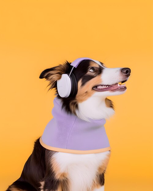 Cão de estimação com fone de ouvido e imagem da moda gerada por IA