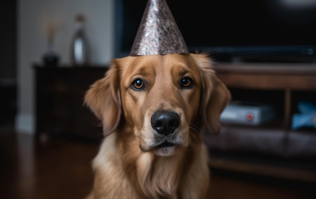 Cão de estimação em um boné de aniversário usando um chapéu em uma casa interior generativa ai