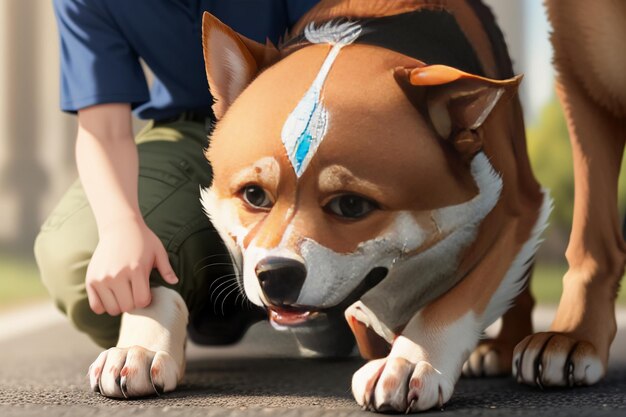 Cão de estimação fofo da família e menino proprietário se divertindo juntos ilustração de fundo de papel de parede