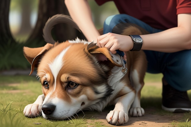 Cão de estimação fofo da família e menino proprietário se divertindo juntos ilustração de fundo de papel de parede